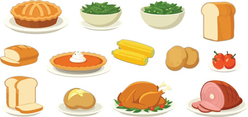 Festive Thanksgiving feast showcasing a delicious spread of holiday favorites like turkey, ham, pie, and more, perfect for celebrating with loved ones