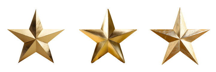Set of gold metal star decorations for tree topper, isolated on transparent background