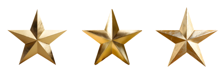 Set of gold metal star decorations for tree topper, isolated on transparent background