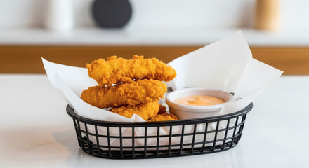 Stack of Golden Crispy Fried Chicken Tenders in a Black Wire Basket Lined with White Paper, Served with a Side of Creamy Dipping Sauce