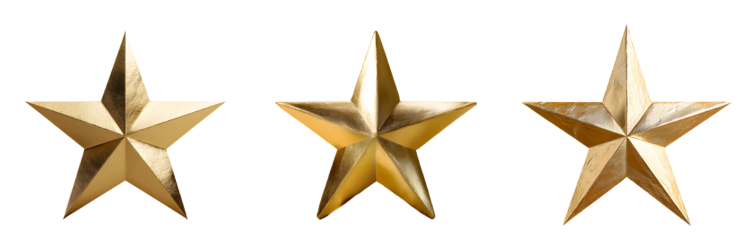 Set of gold metal star decorations for tree topper, isolated on transparent background - Powered by Adobe