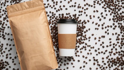 Coffee Arrangement with Paper Bag and Cup, Brown Beans Scattered on White Surface.