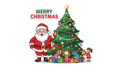Holiday Cheer: A festive scene where Santa Claus stands beside a decorated Christmas tree with excited children gathered around, creating a scene of holiday spirit.