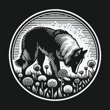 Vintage woodcut style illustration of a Border Collie sniffing wildflowers.