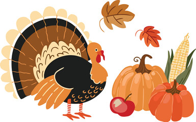 Vibrant Thanksgiving turkey with pumpkins, corn, and autumn leaves creates a festive harvest scene perfect for seasonal celebrations.