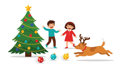 Holiday Joy: A heartwarming scene unfolds as two children joyfully play with a reindeer and a beautifully decorated Christmas tree, evoking the magic of the holiday season.