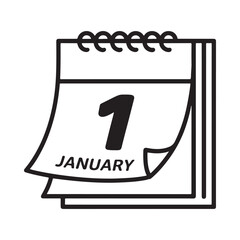 Simple line art icon of a calendar page showing january first