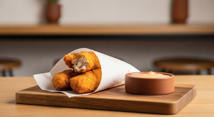 Crispy Golden Fried Chicken Tenders or Fish Sticks Served in a Paper Wrapper with a Side of Creamy Dipping Sauce on a Wooden Cutting Board