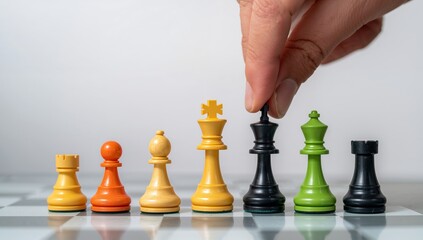 Colorful Chess Arrangement with Hand Placement on a Checkered Surface, Abstract Game.