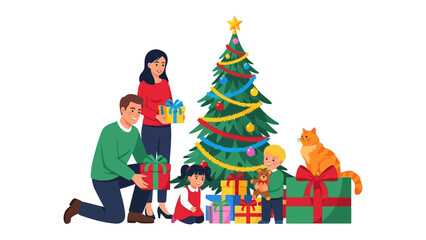 Festive Cheer: A Family's Joyous Christmas: A warm and inviting illustration captures a family's joyous celebration, complete with a beautifully adorned Christmas tree, wrapped gifts.