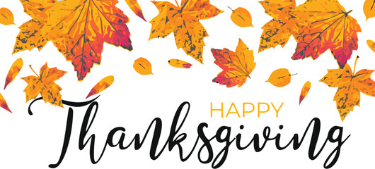 Celebrate autumn's bounty with vibrant fall leaves and a joyous "Happy Thanksgiving" message, perfect for seasonal greetings and festive designs.