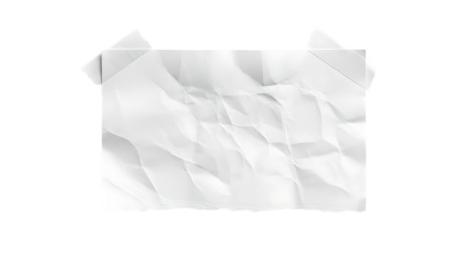 Crumpled white paper sheet attached with tape isolated on transparent background
