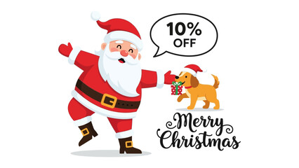 Santa's Festive Discount: Santa Claus, filled with holiday cheer, offers a special 10% off promotion. Beside him, a puppy joyfully delivers presents, with the scene completed by a festive greeting.