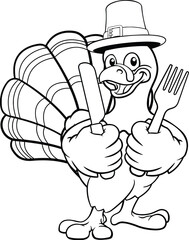 Joyful cartoon turkey with pilgrim hat eagerly holds knife and fork, ready for a delicious Thanksgiving feast celebration