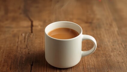Creamy Beverage in White Ceramic Mug, Rustic Wooden Surface, Gentle Steam, Warm Ambiance.