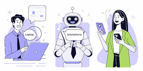 Diverse characters and a friendly robot engage with technology like laptops and smartphones