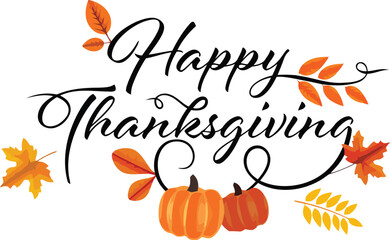 Celebrate the warmth and gratitude of autumn with a festive 'Happy Thanksgiving' greeting adorned with vibrant leaves and pumpkins