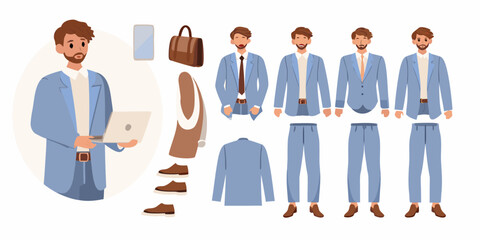 Man in blue suit with interchangeable parts and accessories for character creation