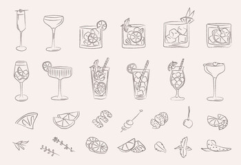 Retro cocktail doodle set with hand drawn garnish, classic drinks and vintage bar glass icons. Whimsical vector illustration for kitchen decor, party menu or creative wall art.