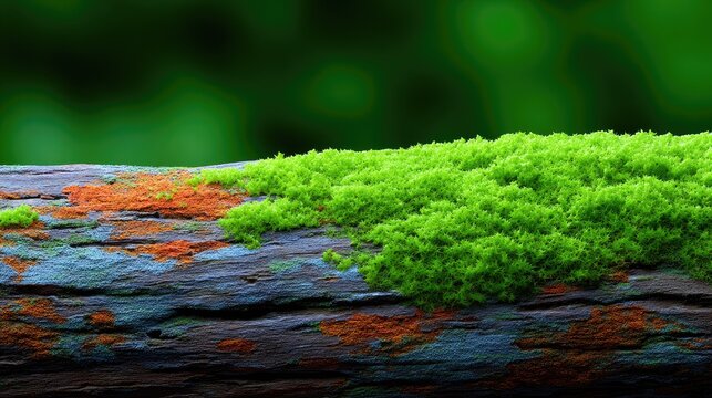 Close Up Macro View of Vibrant Green Moss Growing on Textured Tree Bark with Orange and Blue Patches in Soft Natural Lighting
