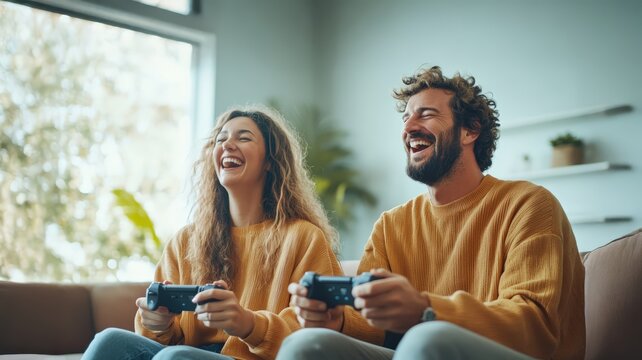 Young couple enjoying video games together in cozy living room, laughing and bonding over their favorite pastime as they share joyful gaming experience