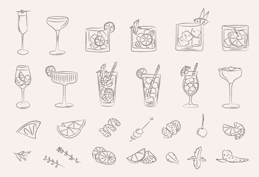 Retro cocktail doodle set with hand drawn garnish, classic drinks and vintage bar glass icons. Whimsical vector illustration for kitchen decor, party menu or creative wall art.