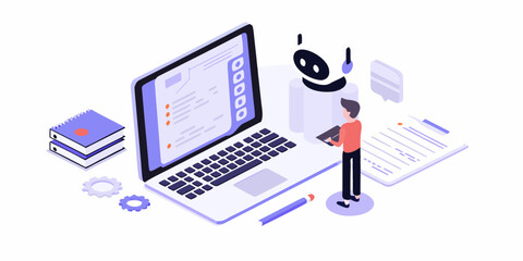 Person interacting with a laptop and robot assistant for digital workflow and data analysis