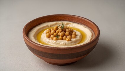 Creamy Dip Presentation in Rustic Bowl with Golden Oil and Pea Topping