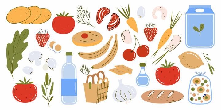 A vibrant collection of hand drawn food items and groceries arranged in a playful pattern