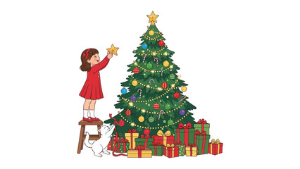 Decorating Christmas tree: A young girl, perched on a stool, adorns the Christmas tree with a star, while a playful cat observes the holiday enchantment.