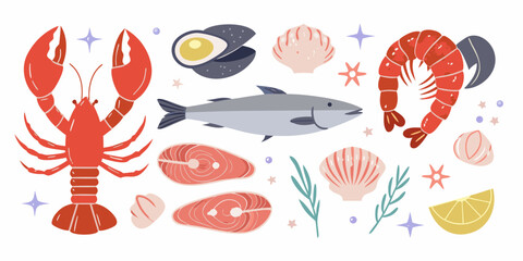 A vibrant collection of fresh seafood illustrations including lobster shrimp fish salmon steaks oysters scallops and lemon slices