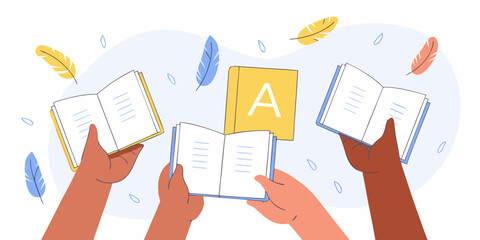 Diverse hands holding open books and a textbook with the letter a symbolizing education and learning
