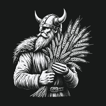 Black and white illustration of a Viking farmer holding harvested grain.