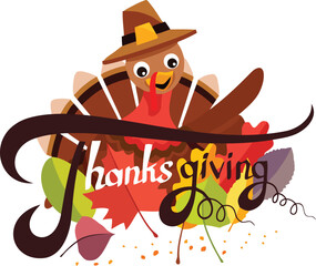 Joyful cartoon turkey celebrates Thanksgiving with vibrant autumn leaves and festive lettering, perfect for seasonal greetings