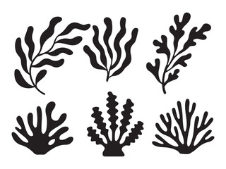 Various seaweed and coral shapes silhouette black and white vector illustration