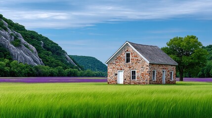 Obraz premium Abandoned Stone Building in a Grassy Field with Lavender Flowers and a Mountain Landscape Under a Blue Sky with White Clouds