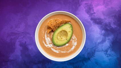 Creamy Orange Soup with Avocado and Crispy Tortilla Chips. A Culinary Still Life.