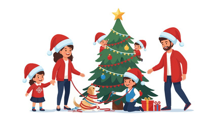 Festive Family Christmas Gathering: Capture the joy of Christmas as a family unites around a beautifully decorated Christmas tree, with presents and a playful dog creating a scene of warmth, love.