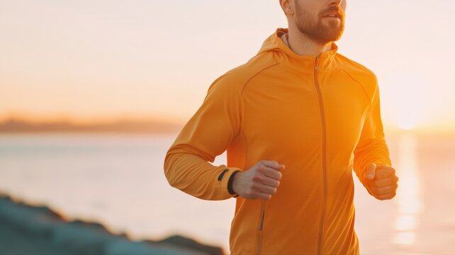 Young man jogging along beach at sunrise, enjoying morning exercise and fresh air in vibrant orange jacket against scenic coastal backdrop