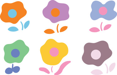 Six colorful abstract flowers with stems and leaves, isolated on white background