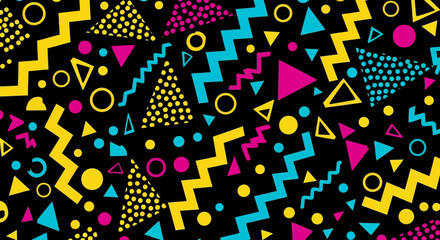 Retro Memphis Pattern with Geometric Shapes in Bright Colors