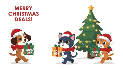Christmas Deals with Animals: Three adorable animals, a dog and two cats, spread holiday cheer as they proudly present gifts beside a Christmas tree. Embodying the spirit of giving and seasonal joy.