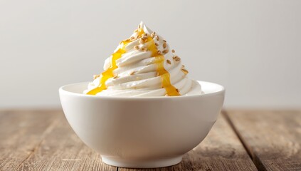 Creamy Swirl in White Bowl, Drizzled with Golden Fluid and Small Seeds.