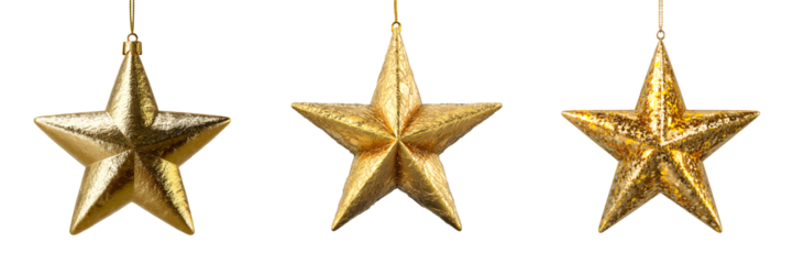 Set of hanging gold star ornaments on strings, isolated on transparent background