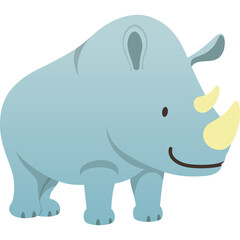 Cute Blue Cartoon Rhinoceros with Yellow Horns and Smiling Face on Transparent Background