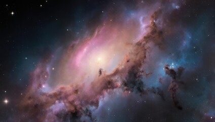 Fototapeta premium A colorful cosmic nebula fills space, showcasing ethereal clouds and bright, central light