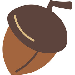 Cute brown acorn with a beige stripe detail on its cap and a thin stem against a transparent background representing autumn and nature