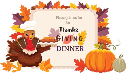 Join us for a delightful Thanksgiving dinner with a charming turkey chef and festive fall harvest elements, perfect for invitations and seasonal greetings