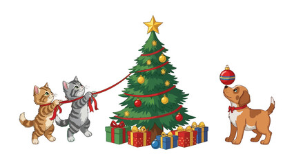 Festive Feline and Canine: Two playful cats team up with a curious puppy to celebrate Christmas, surrounded by a decorated tree, gift boxes, and a star-topped tree.