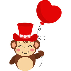 Cute Brown Monkey Wearing Red Top Hat with Hearts Holding Red Heart Balloon Transparent Background